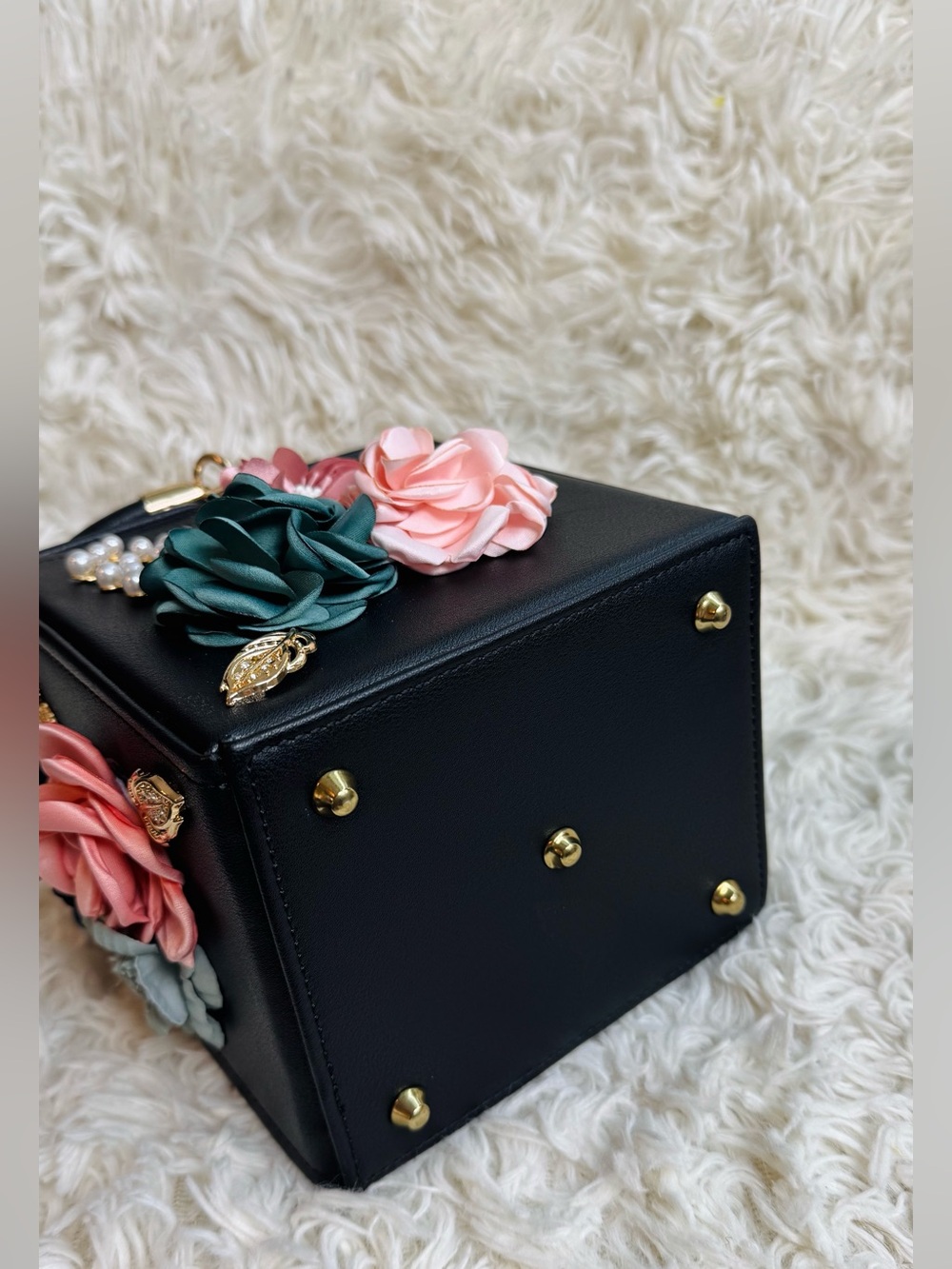 Cube Top Handle Bag with Multicolor Floral Appliqué and Gold Hardware - Picture 8 of 9